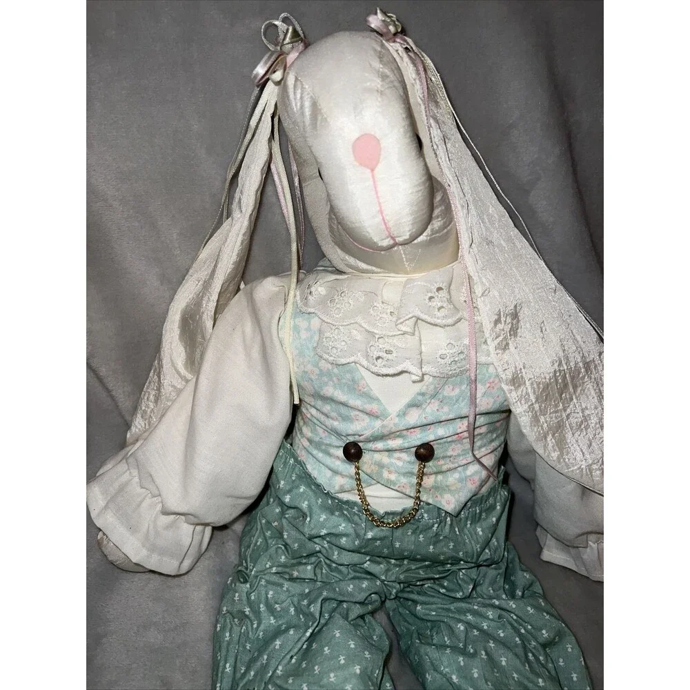 VTG Big Handmade Rabbit Bunny Plush Doll Farmhouse Taffeta Folk Art Doll 24”